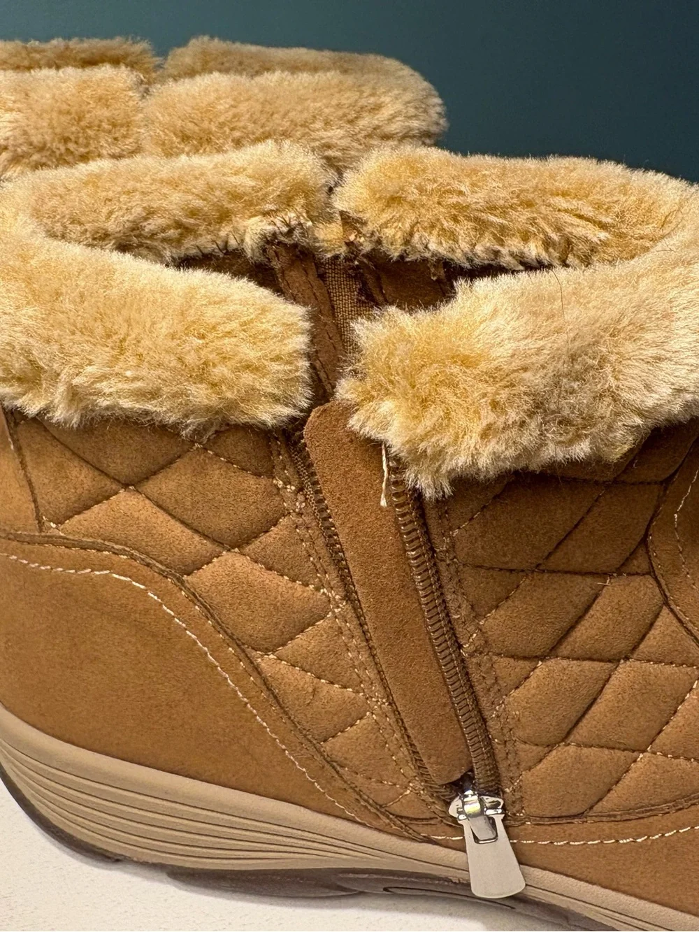 Cozy Quilted Faux Fur Ankle Boots - Camel